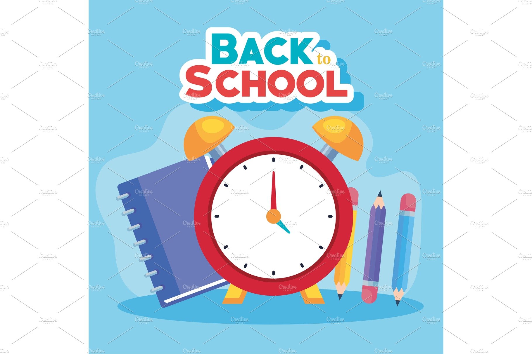 back to school banner, alarm clock cover image.