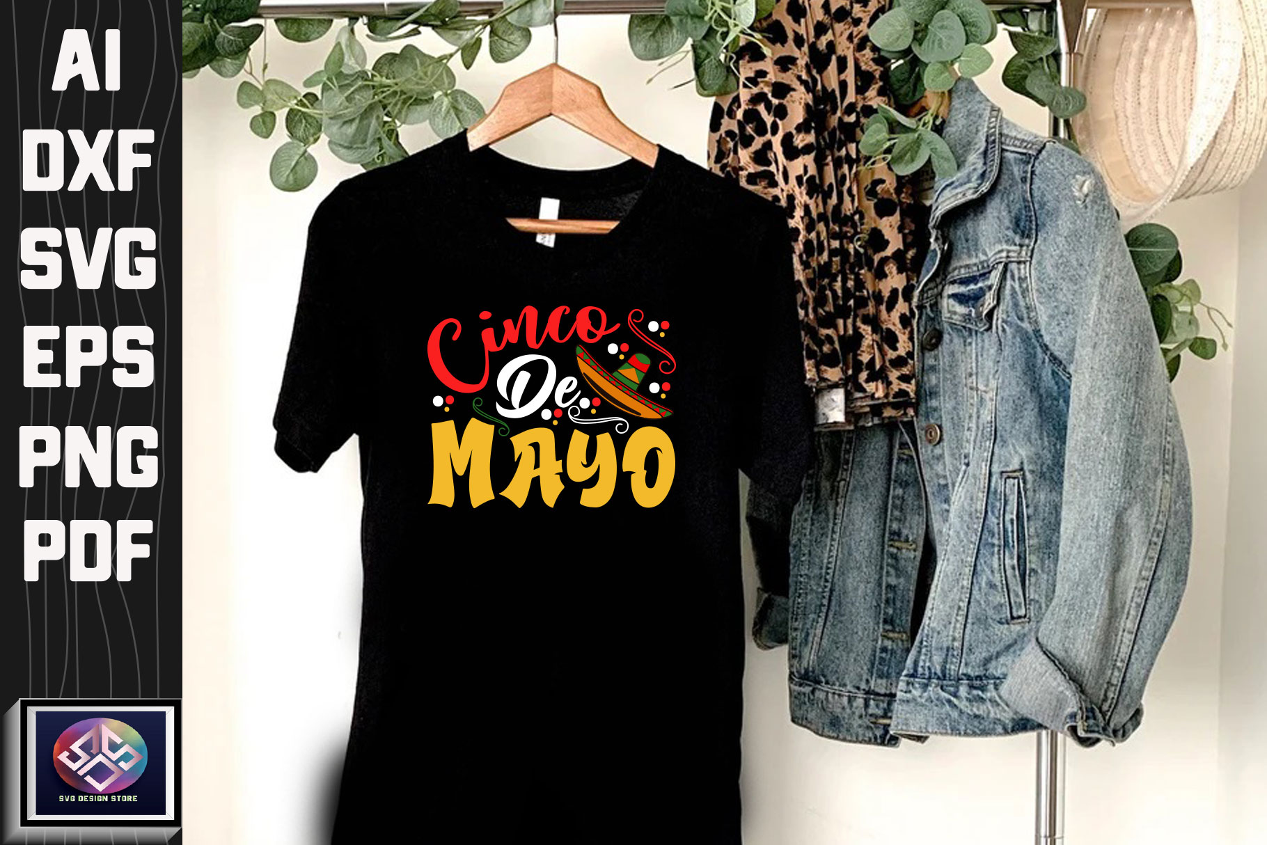 T - shirt that says cinco de mayo hanging on a rack.