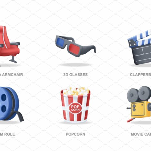 Cinema 3D icons set in modern design cover image.