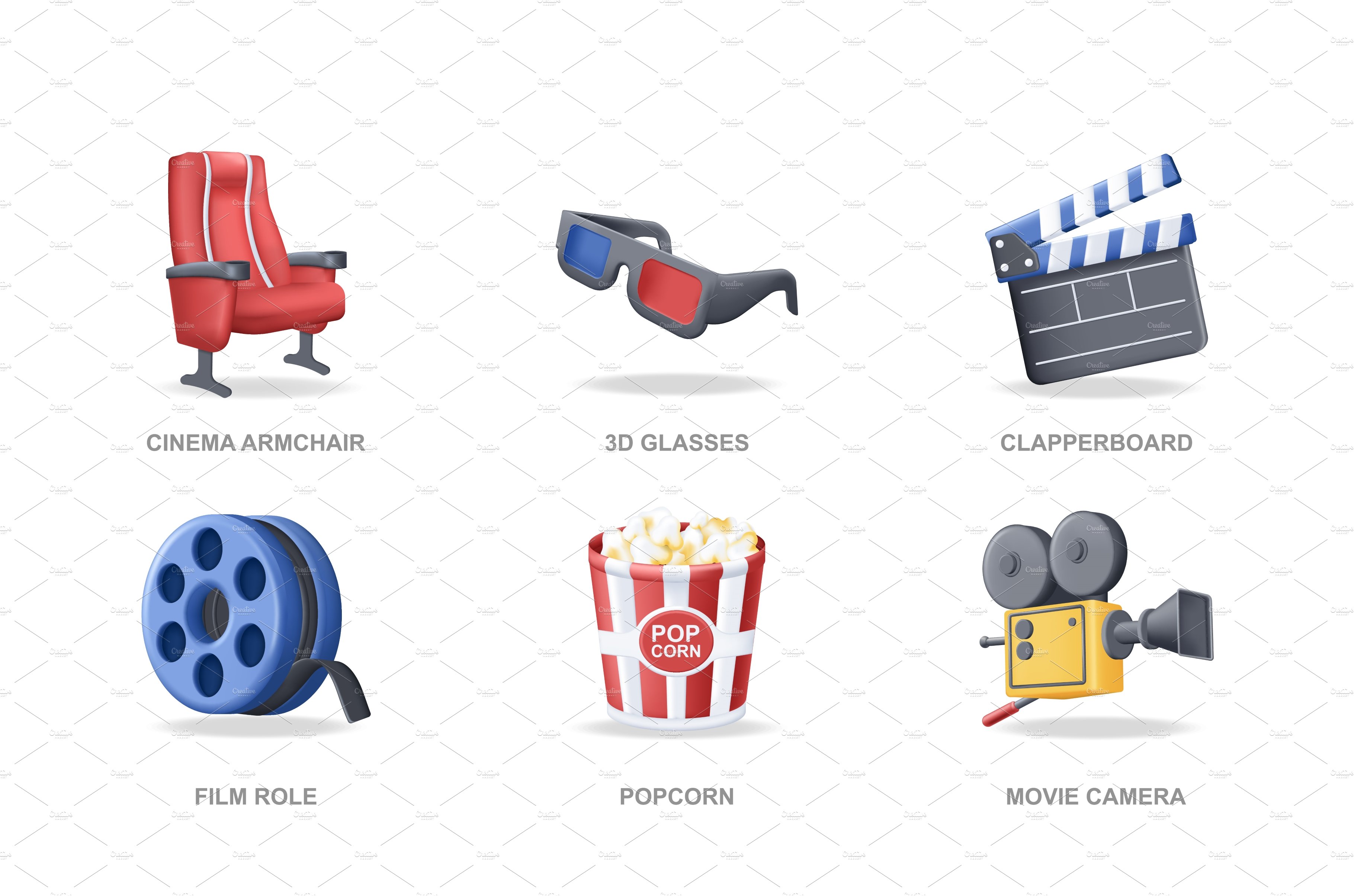 Cinema 3D icons set in modern design cover image.