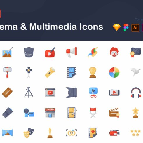 Cinema and Multimedia Flat Icons cover image.