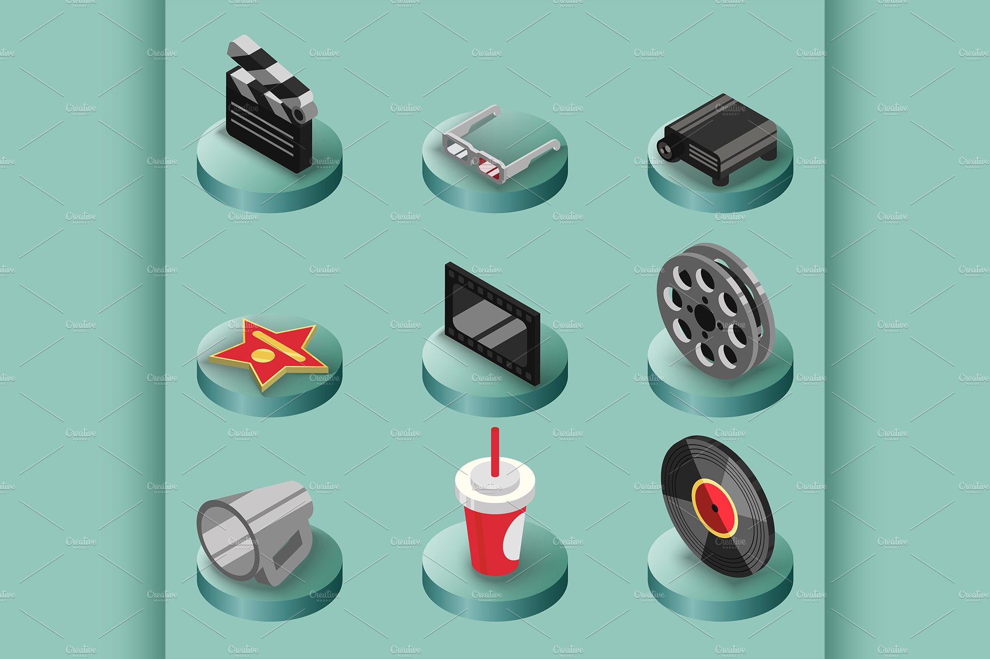 Cinema color isometric icons cover image.
