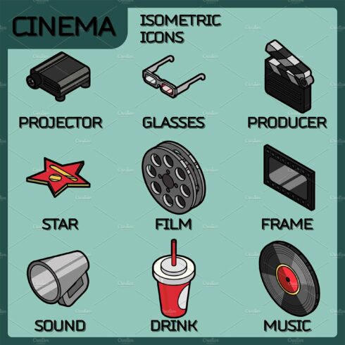 Cinema color outline isometric icons cover image.