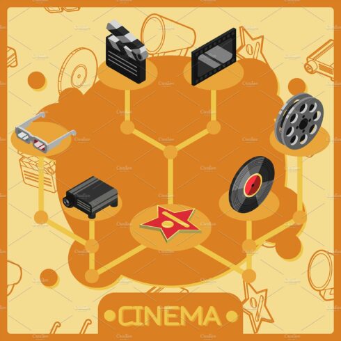 Cinema isometric concept icons cover image.