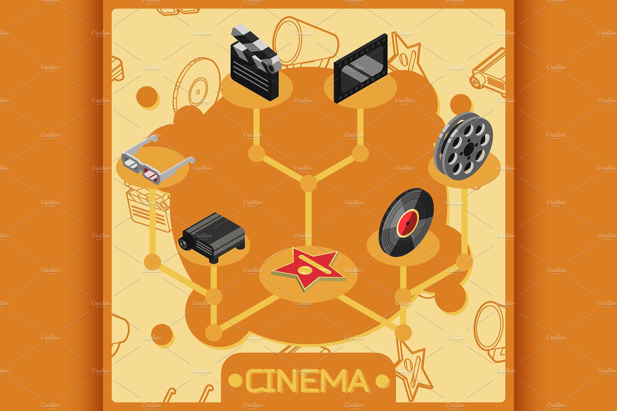 Cinema isometric concept icons cover image.