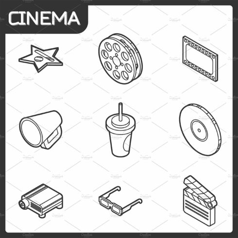 Cinema outline isometric icons cover image.
