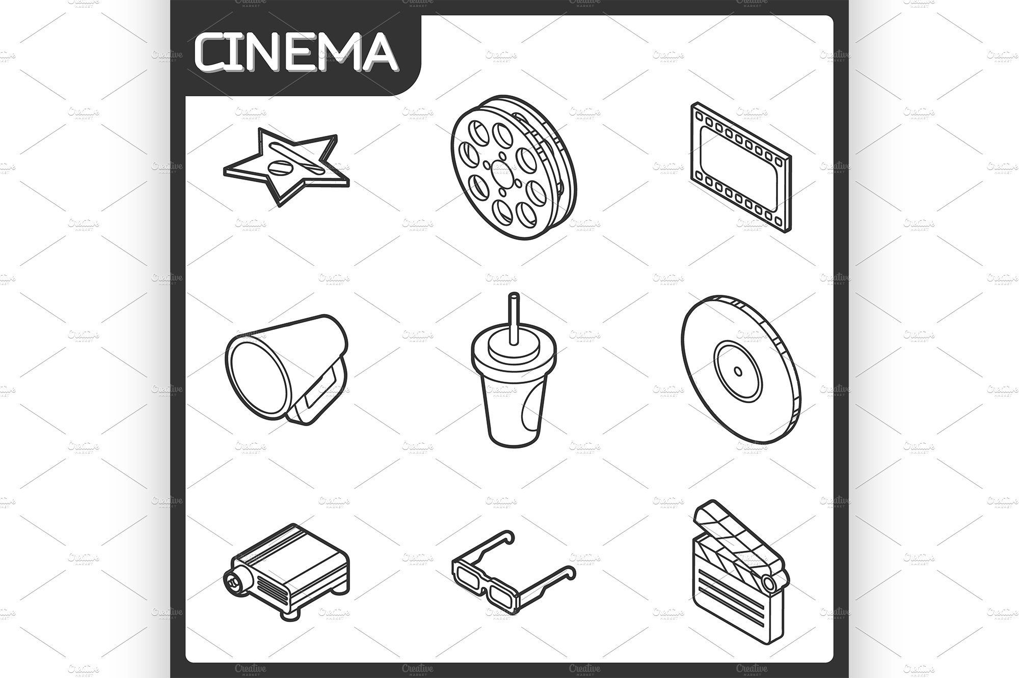 Cinema outline isometric icons cover image.