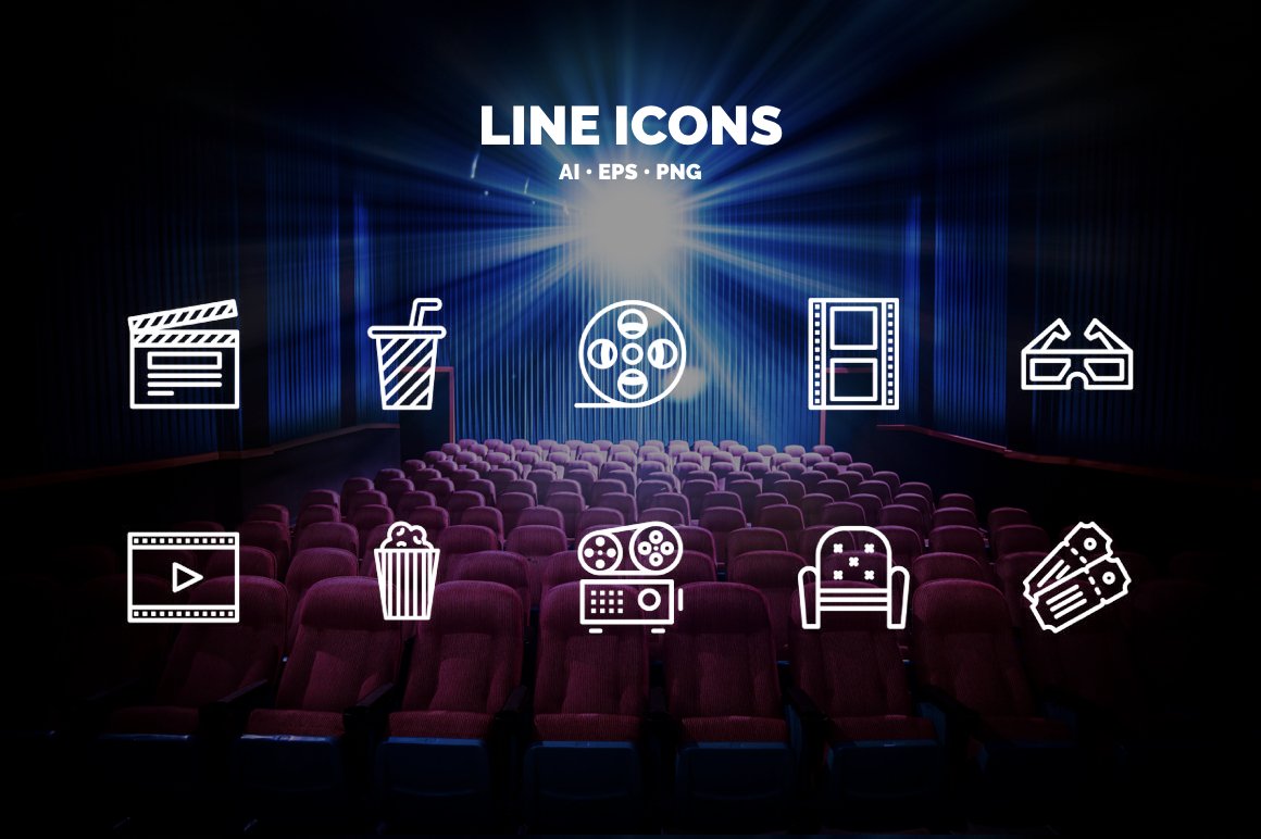 10 Cinema Icons in 3 styles preview image.