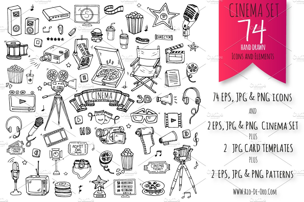 74 Cinema hand drawn elements cover image.