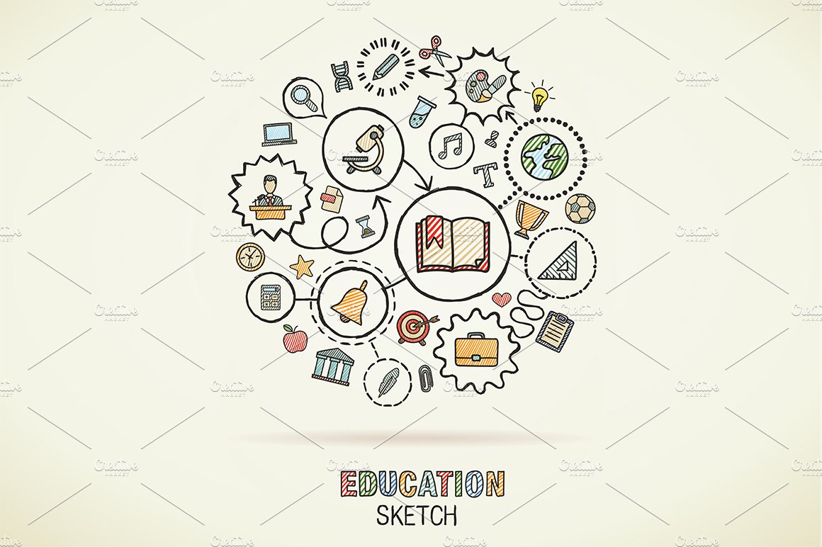 Education hand draw sketch icons cover image.