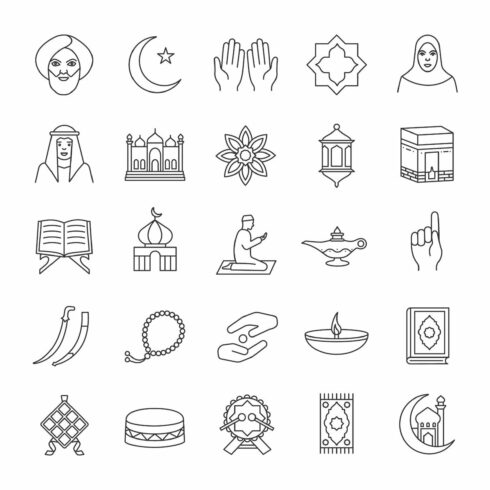 Islamic culture linear icons set cover image.