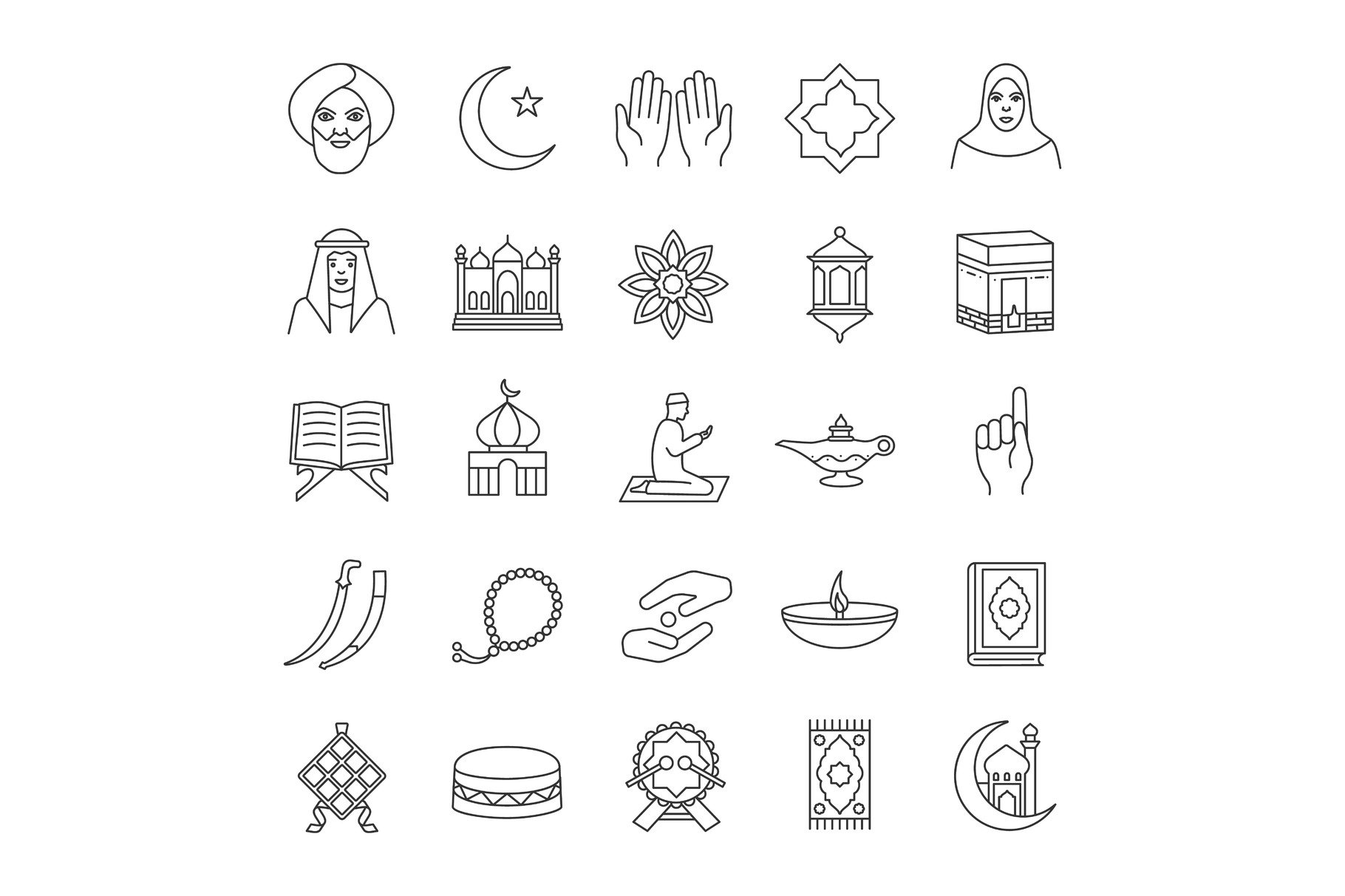 Islamic culture linear icons set cover image.