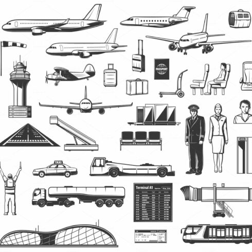 Airport equipment, aviation icons cover image.