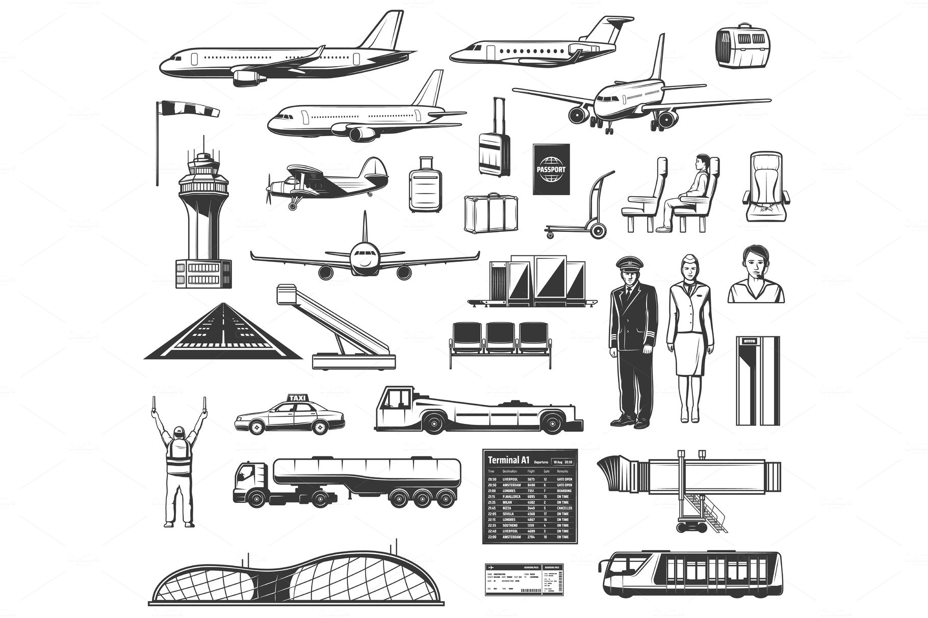 Airport equipment, aviation icons cover image.