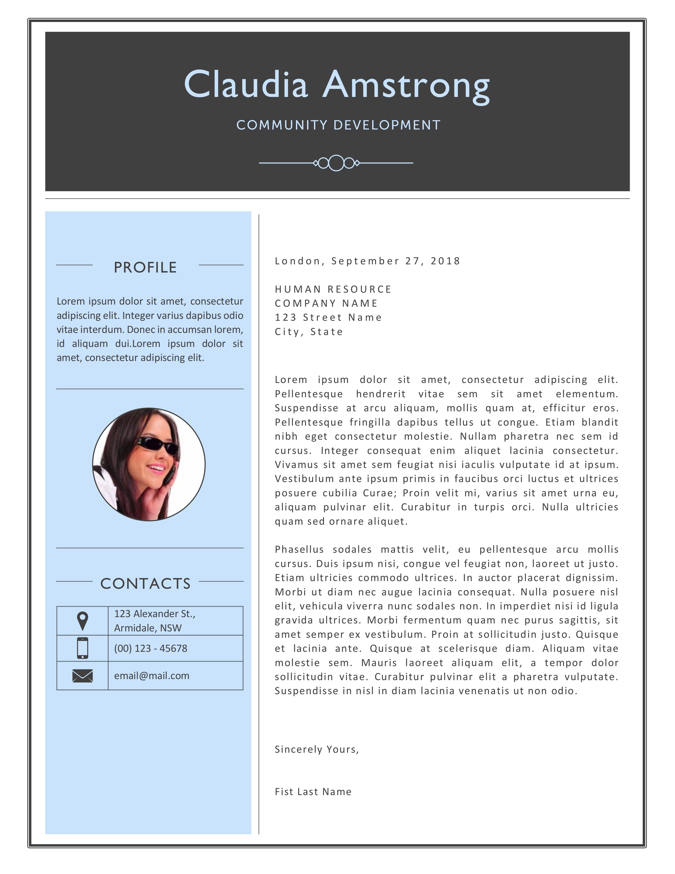 Blue photograph resume template preview image.