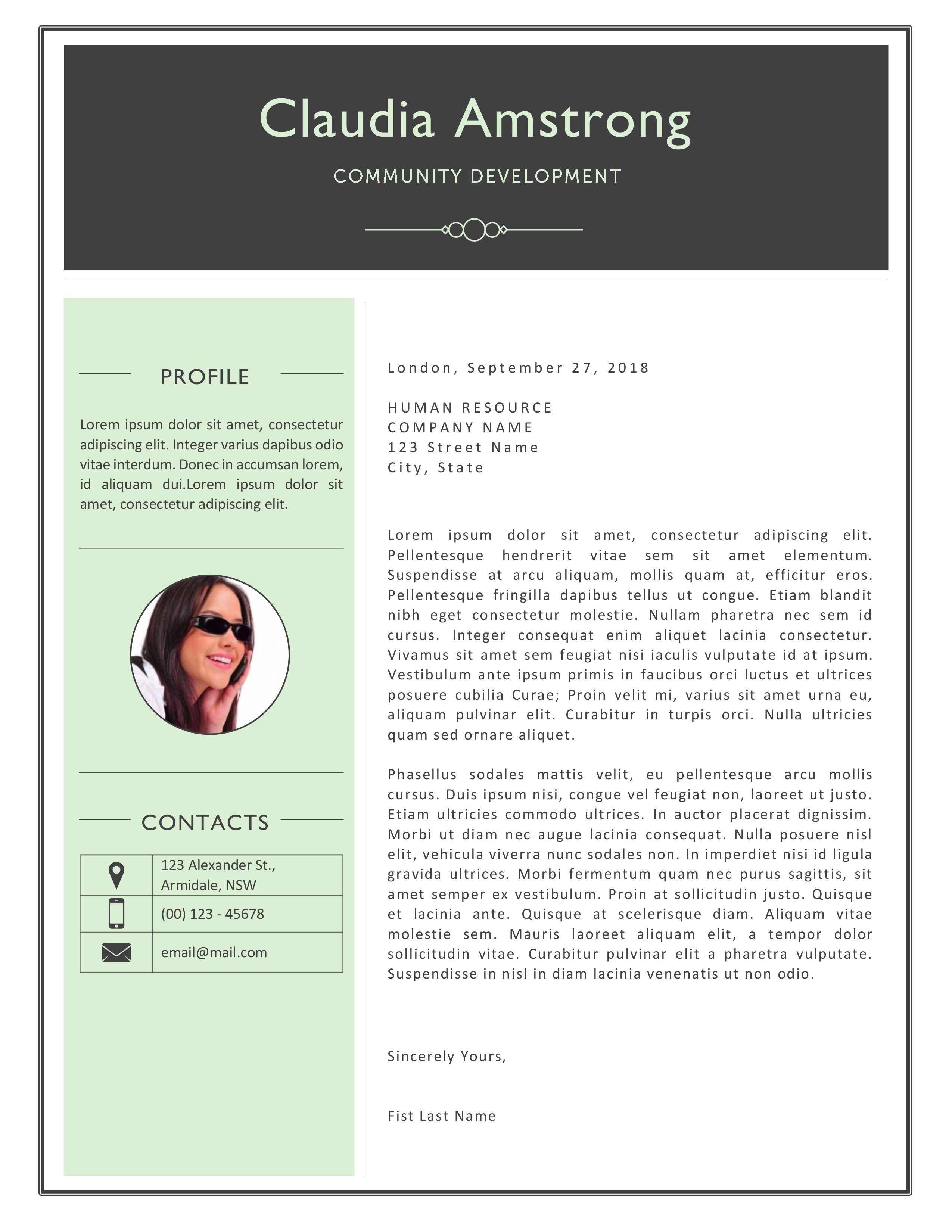 Green and black resume with a picture of a woman.