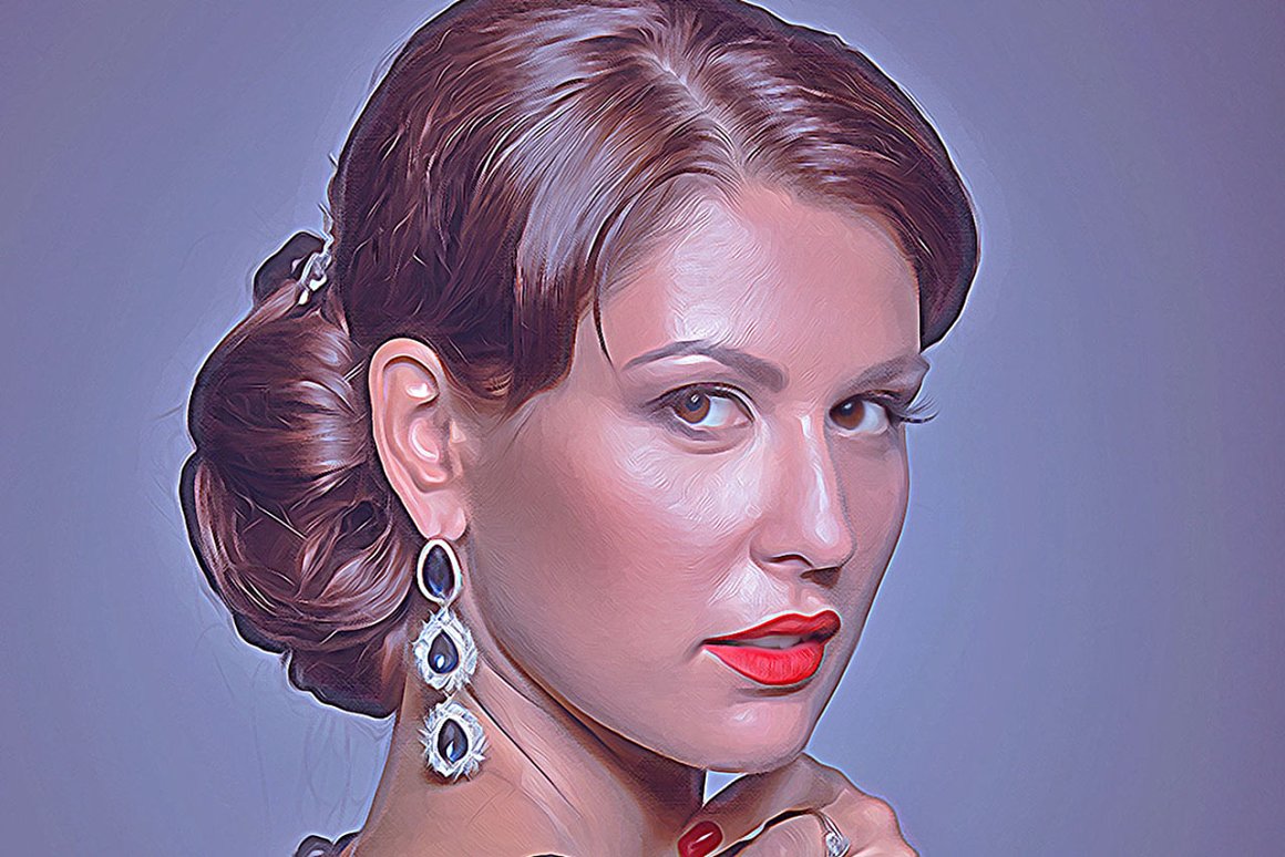 Painting of a woman with red lipstick.