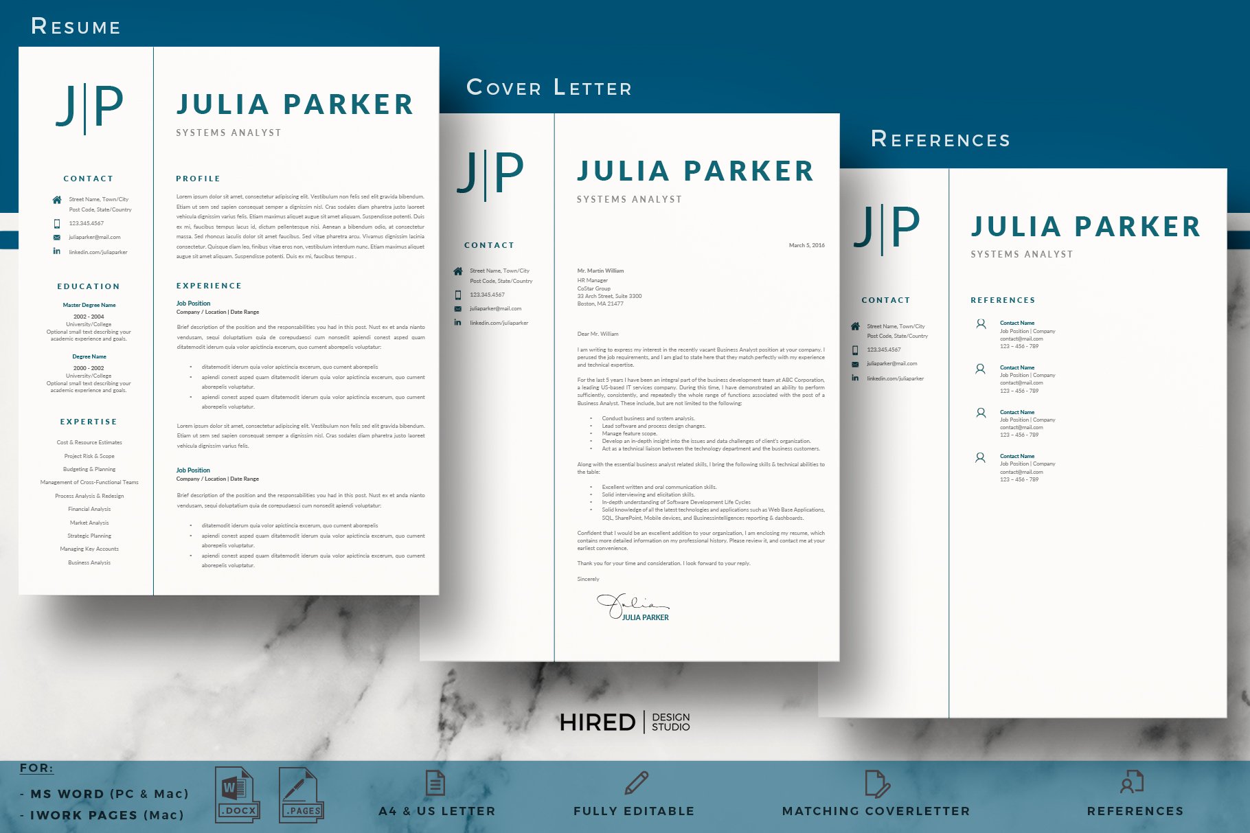 Set of three resume templates on a marble background.
