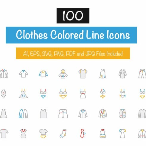 100 Clothes Colored Line Icons cover image.