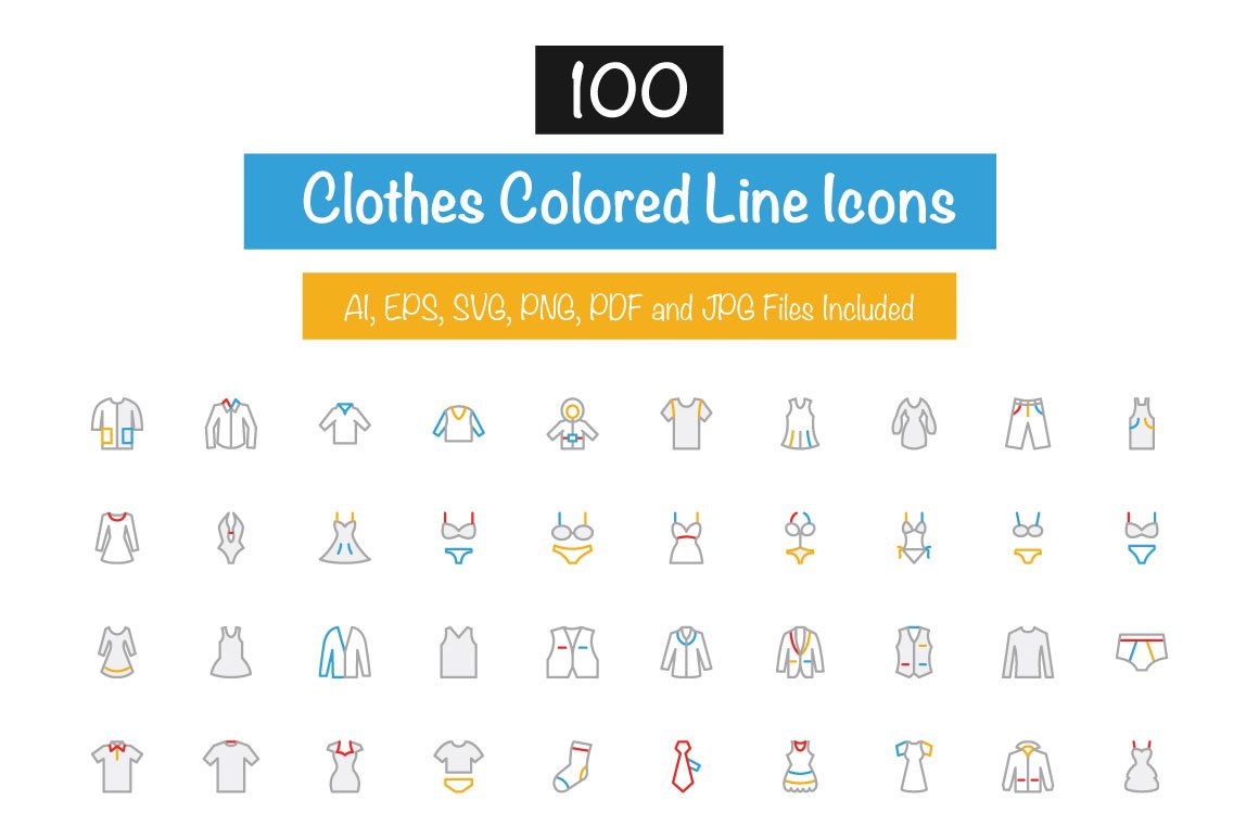 100 Clothes Colored Line Icons cover image.