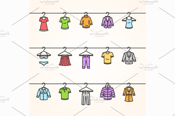 Clothing Icons Set on Hanger. Vector cover image.