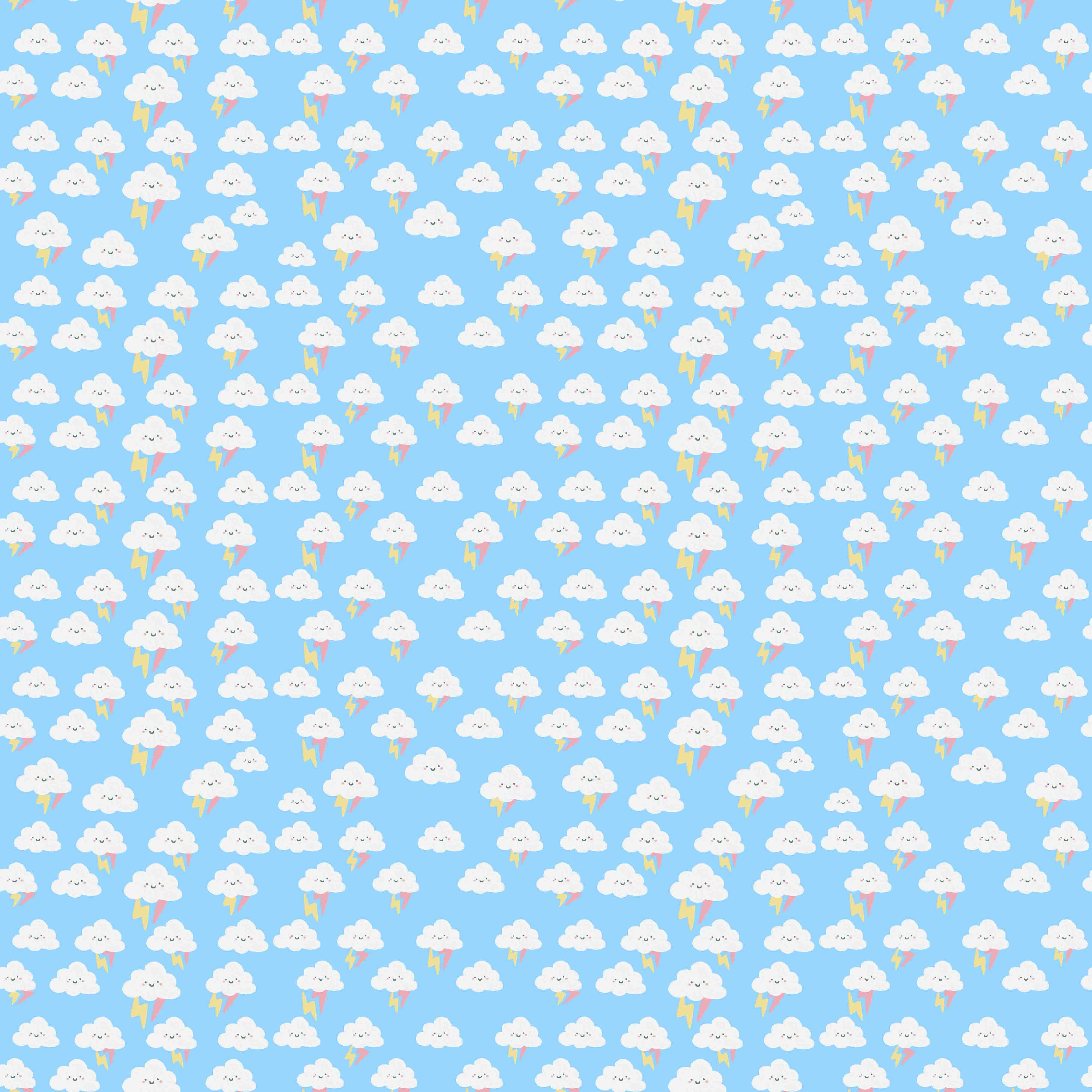 Blue background with white clouds and rainbows.