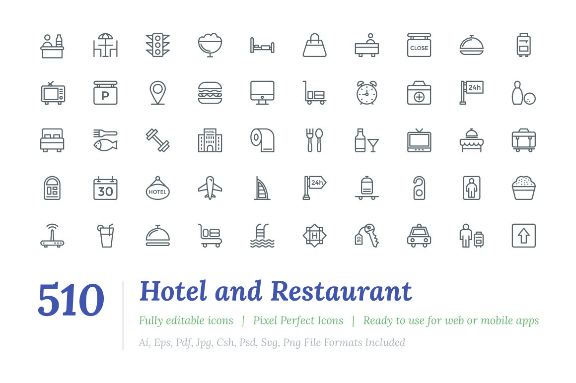 510 Hotel and Restaurant Line Icons cover image.