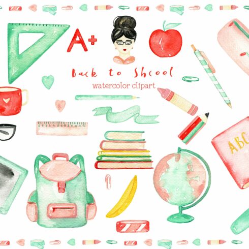 Back to School. Watercolor Clipart cover image.