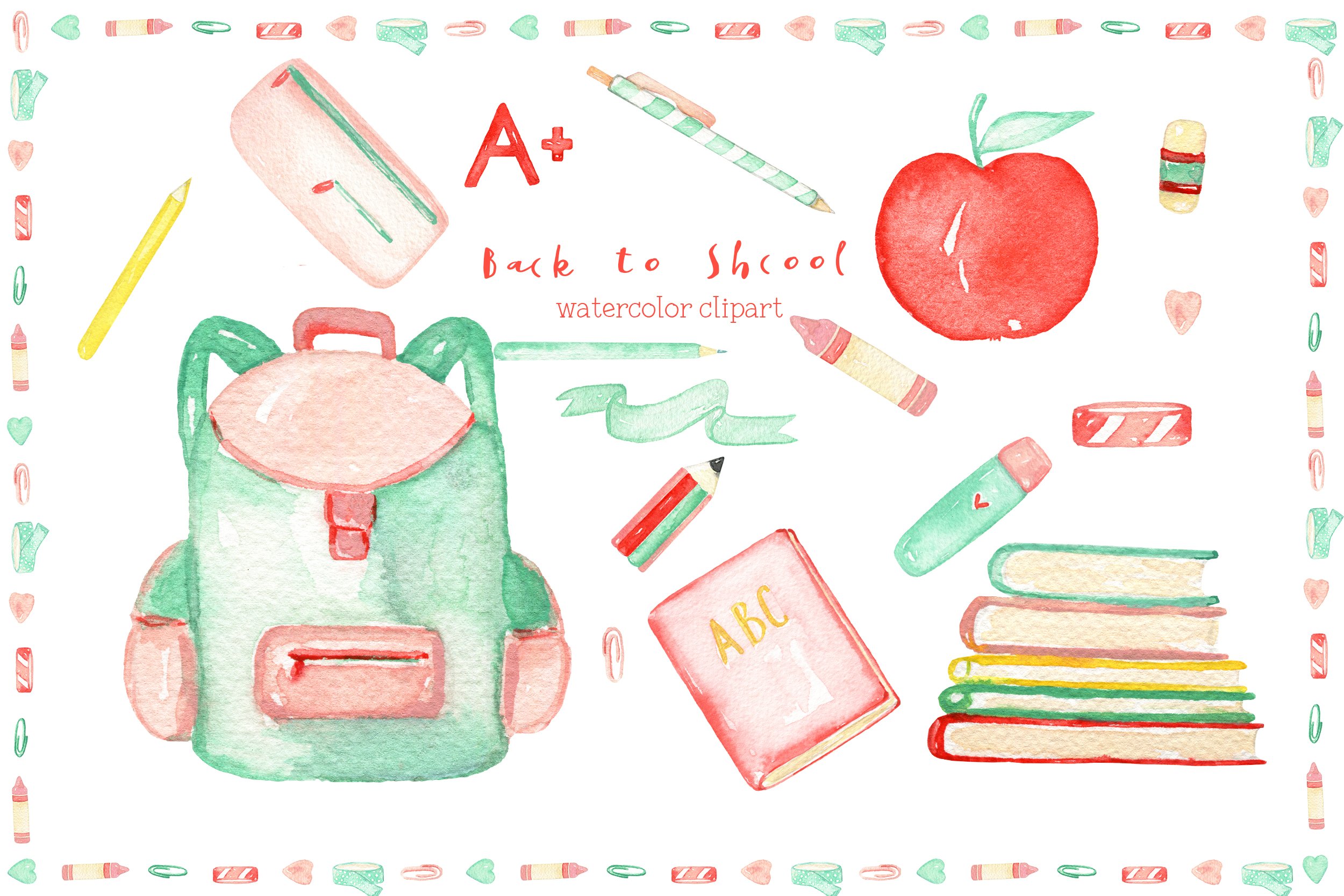 Back to School. Watercolor Clipart preview image.