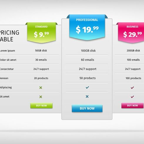 Colorful web pricing table template cover image.