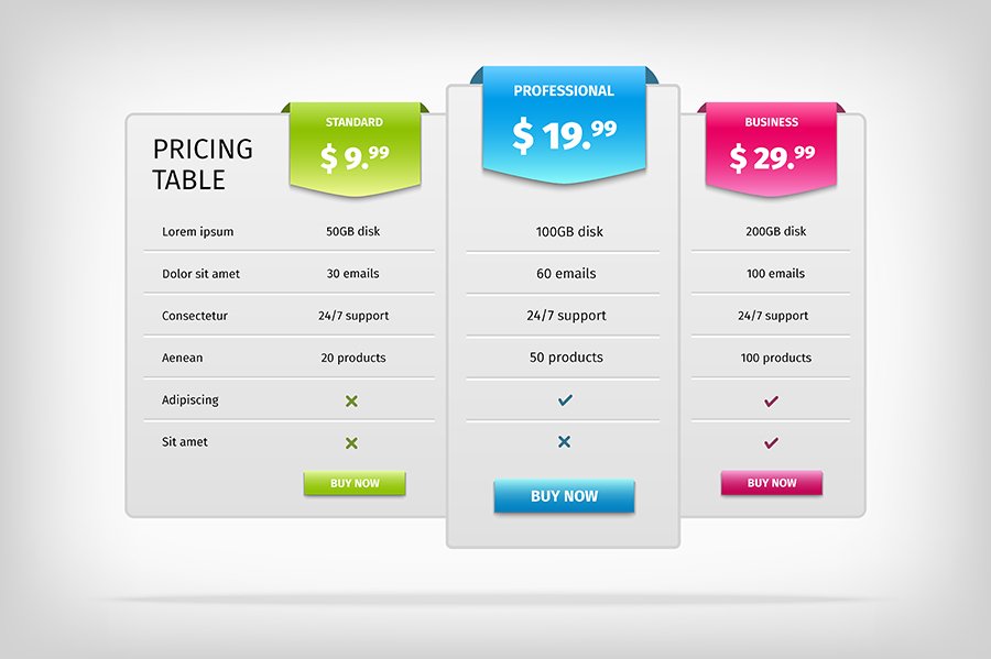 Colorful web pricing table template cover image.