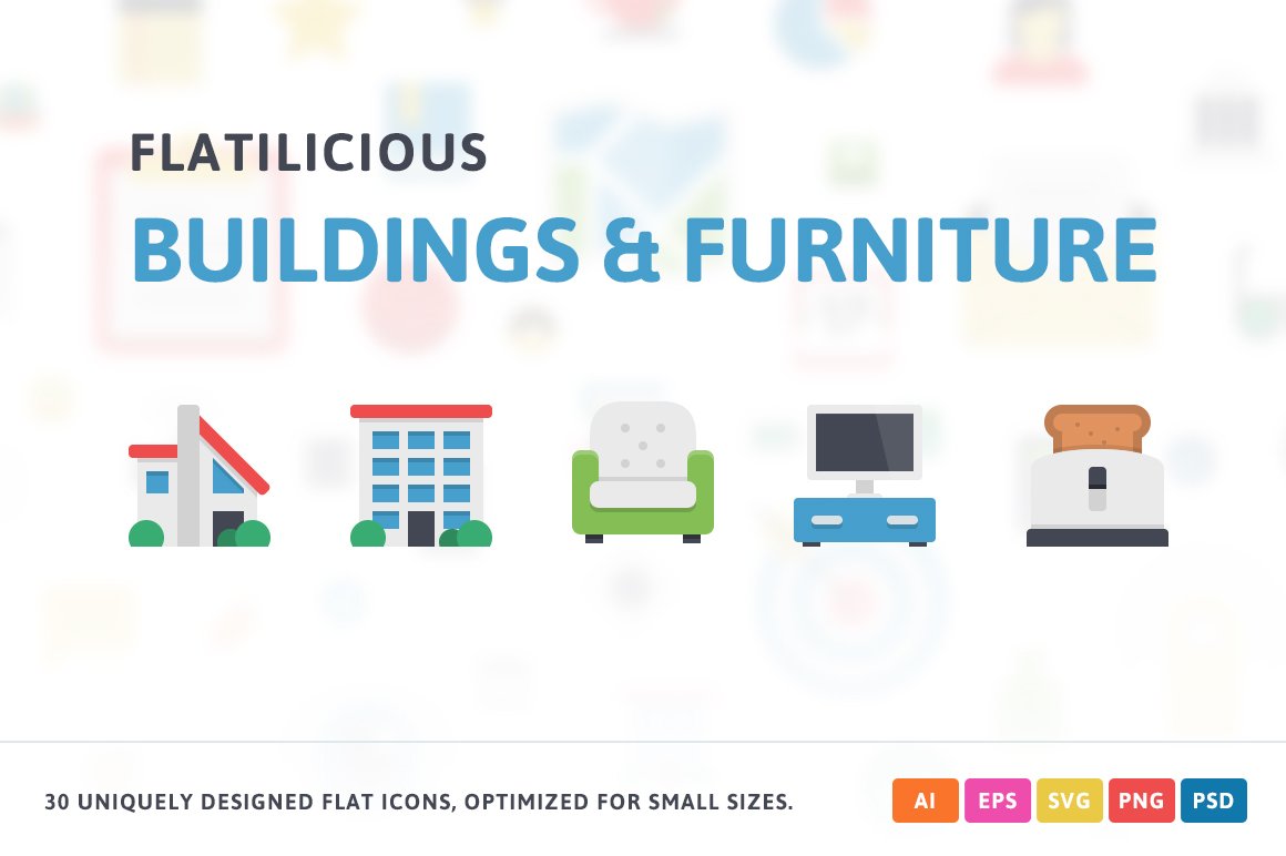 Buildings & Furniture Flat Icons cover image.