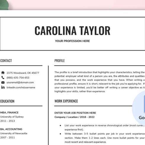 Professional resume template with a pink background.
