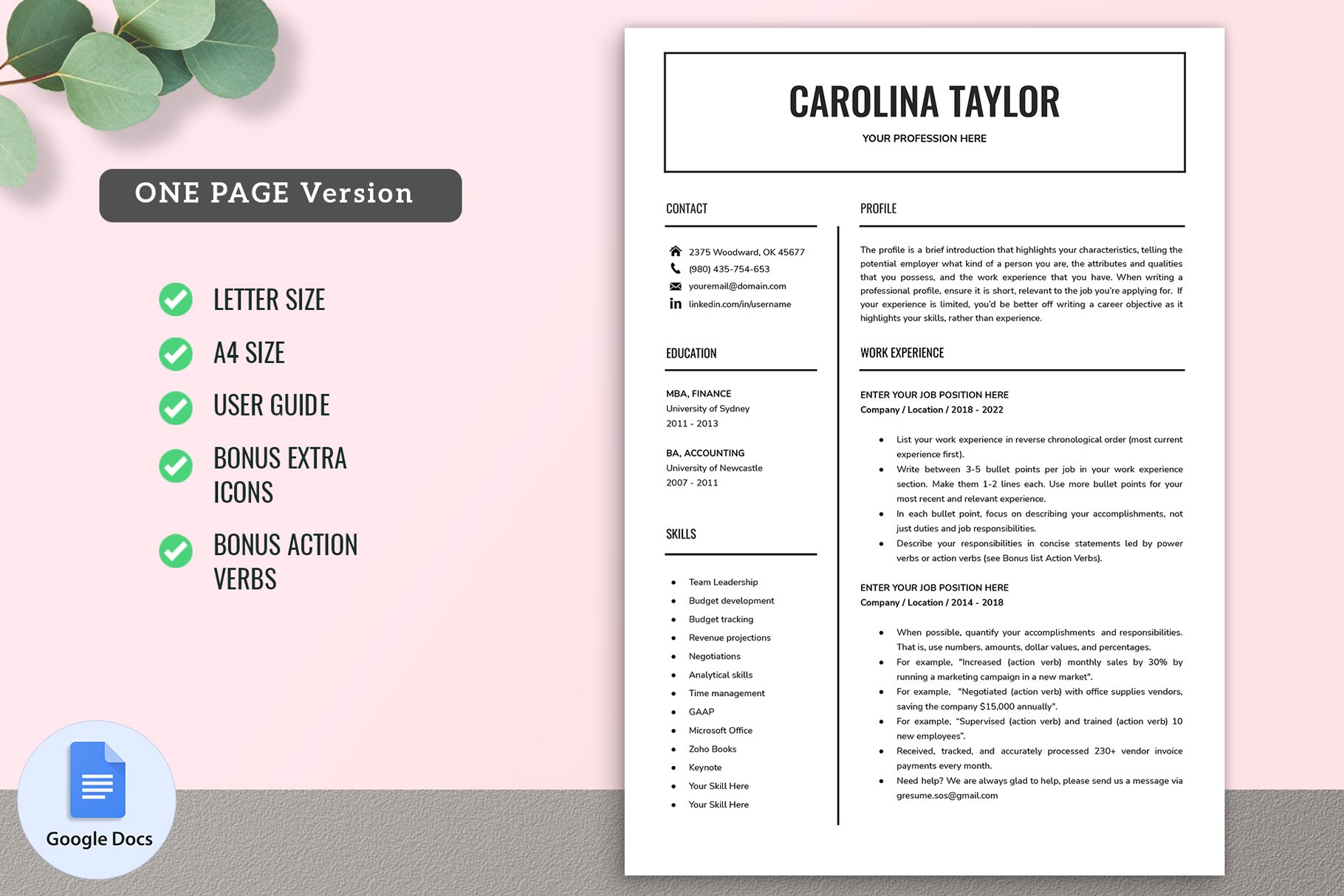 Google Docs Resume Template 01 preview image.