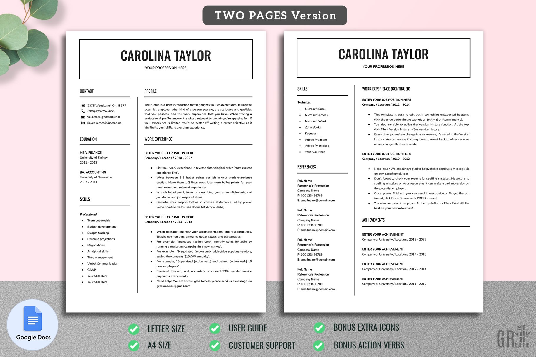 Two pages of a resume template for two people.