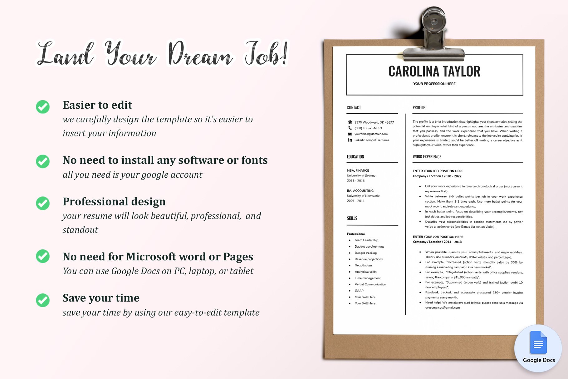 Clipboard with the words land your dream job on it.