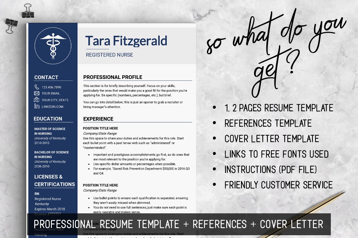 Professional resume template with a blue cover letter.