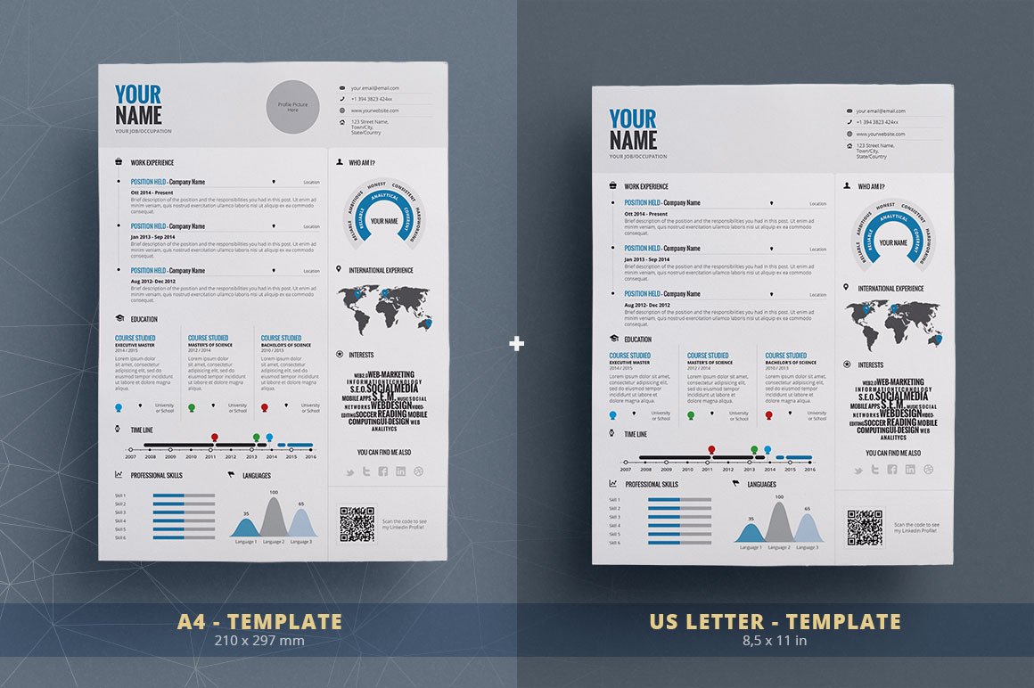 Two resume templates with a world map in the background.