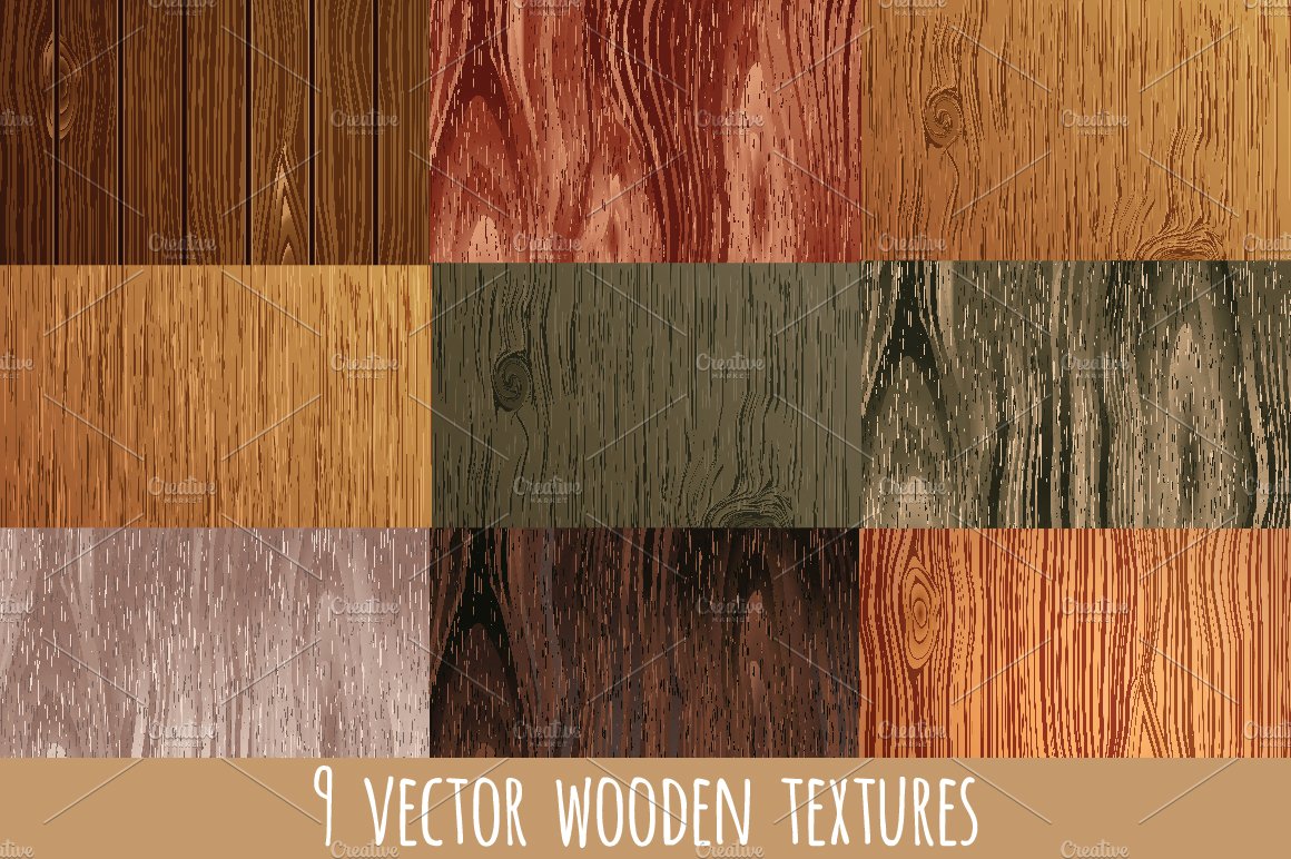 Set of 9 vector wooden textures cover image.