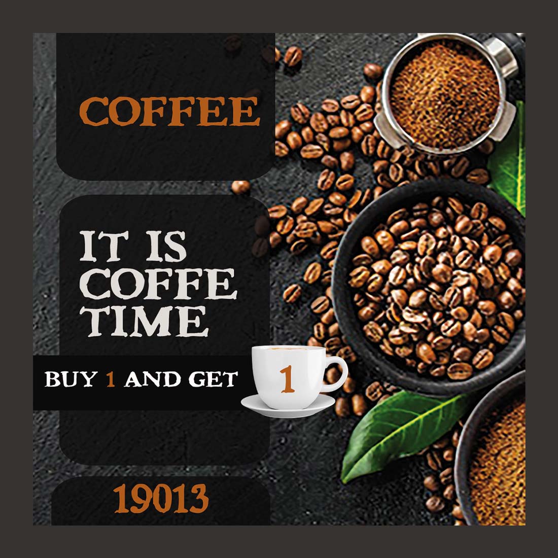Coffee advertisement with coffee beans and a cup of coffee.