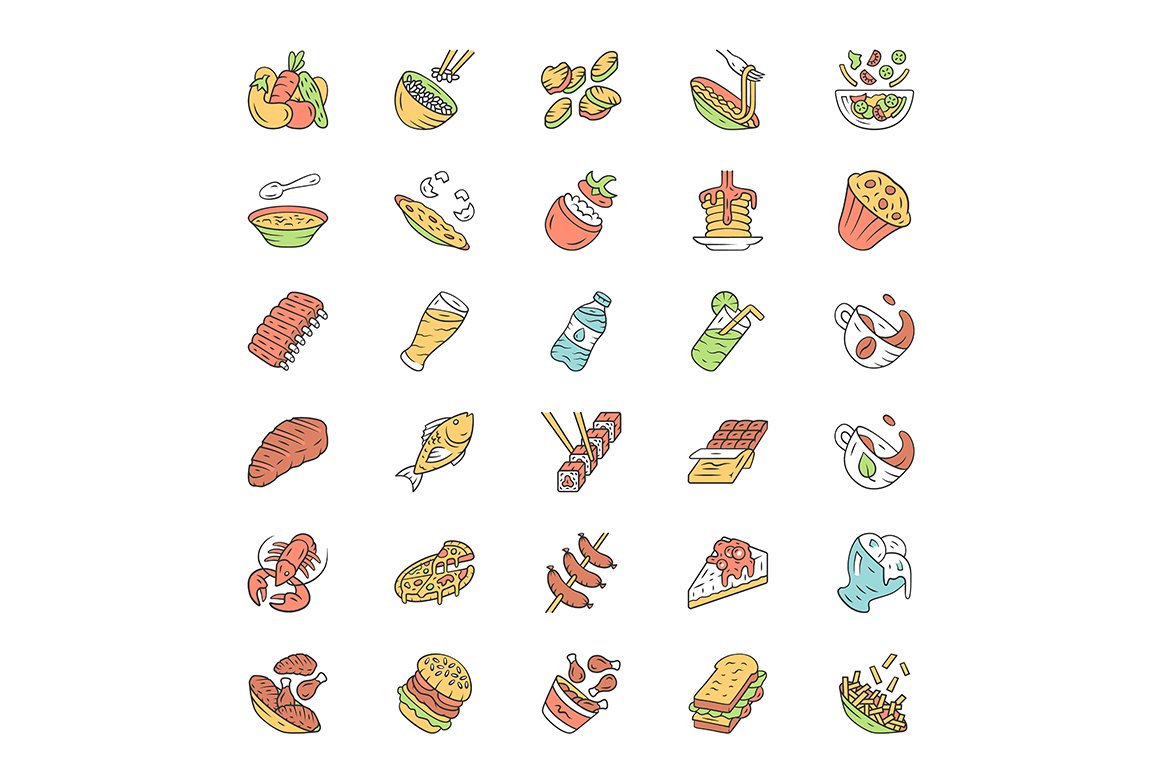 Menu dishes color icons set cover image.