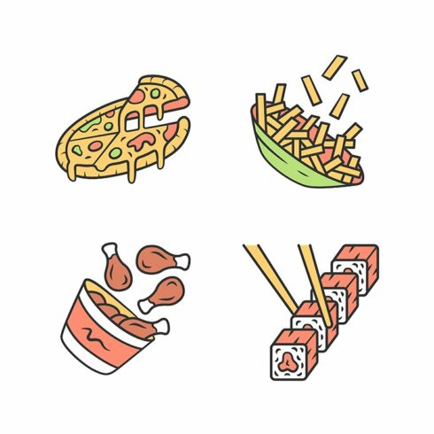Fast food color icons set cover image.