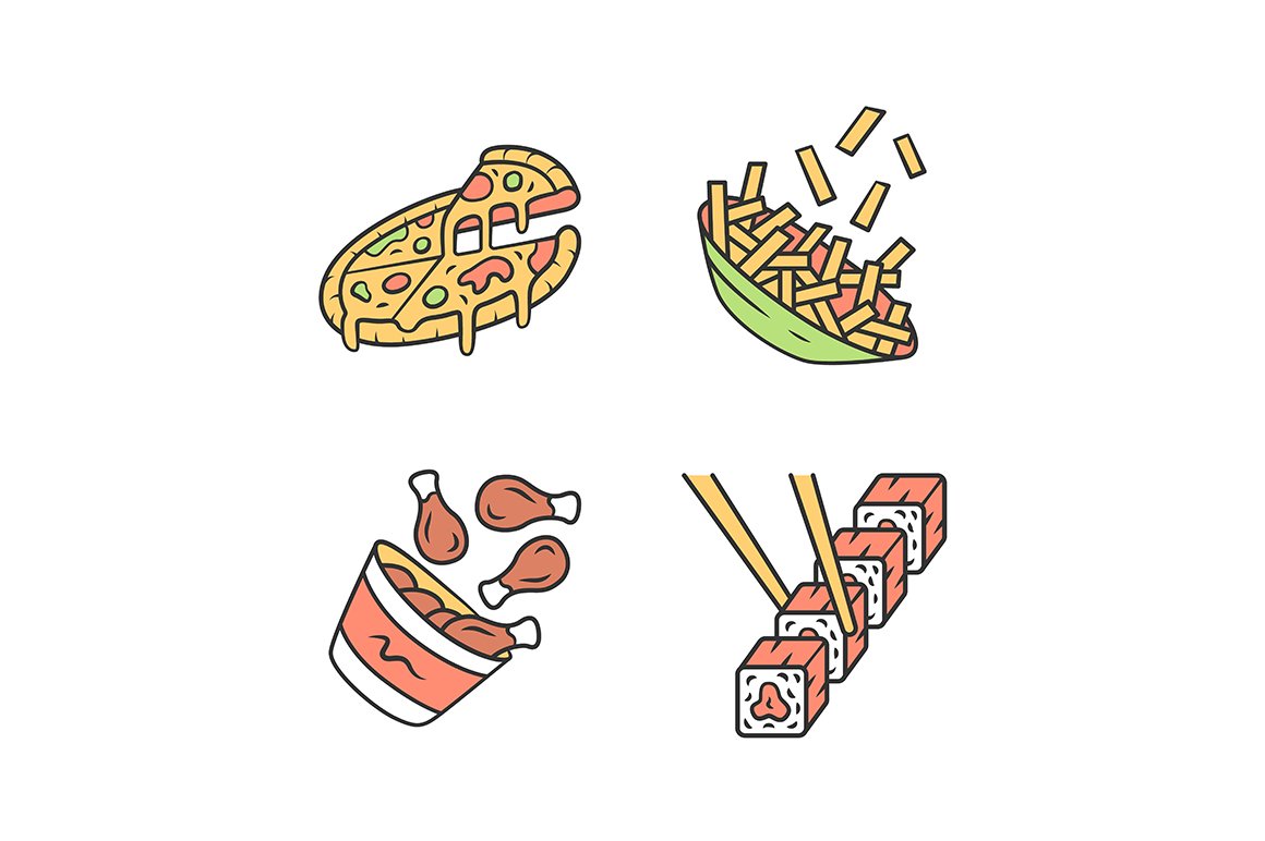 Fast food color icons set cover image.