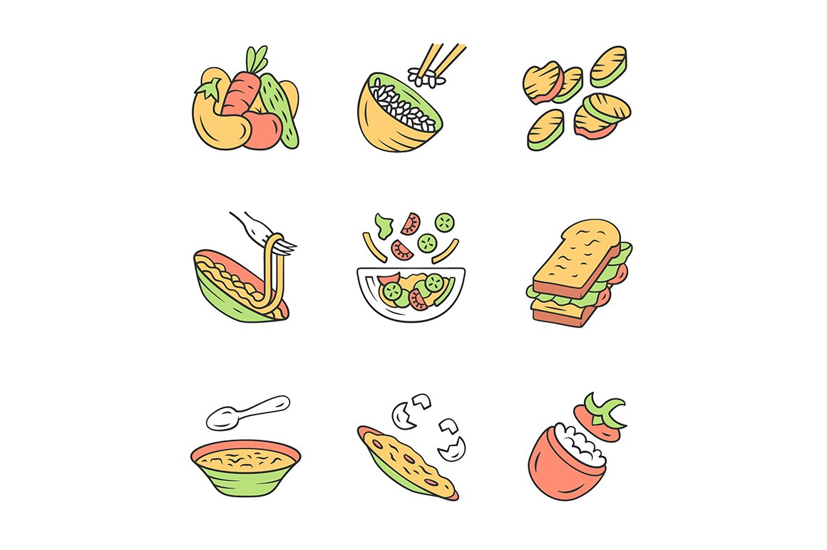 Restaurant menu dishes color icons cover image.