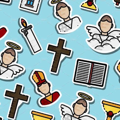 Colored Christianity icons pattern cover image.