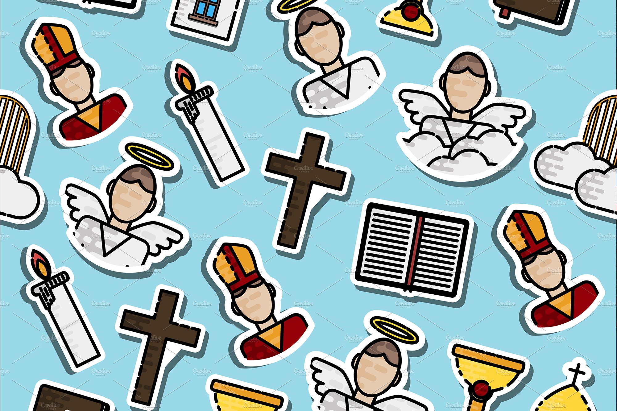 Colored Christianity icons pattern cover image.