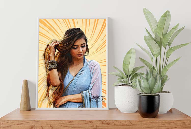 Picture of a woman with long hair on a shelf next to a potted.