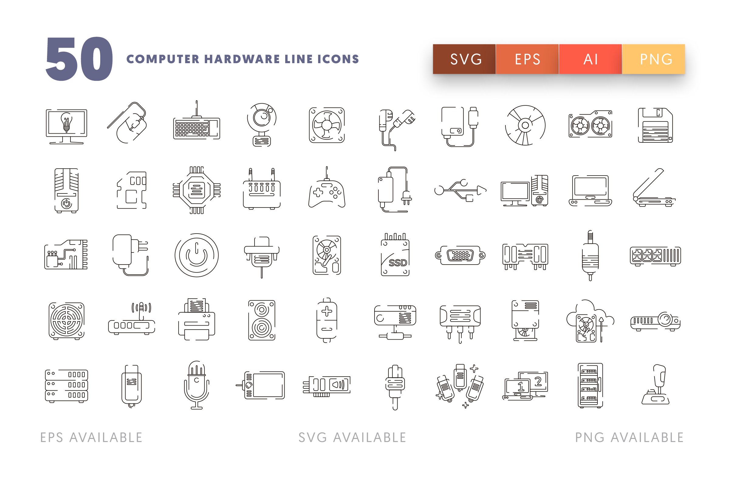 50 Computer Hardware Line Icons preview image.