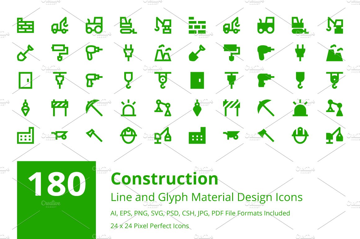 180 Material Construction Icons cover image.