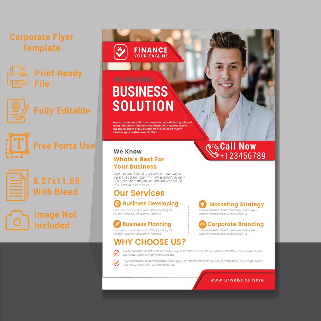 Red and white business flyer with a picture of a man.